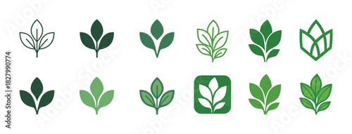 Green leaf icons set in various minimalist designs on white background
