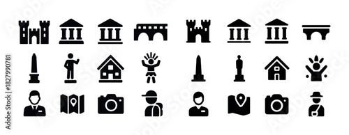Icon set featuring monuments, people, travel, and maps in bold black silhouettes