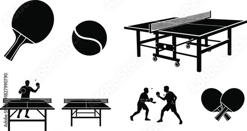 Black silhouettes of ping pong equipment and players, ping pong, table tennis, paddle, ball, net, table, players, sport, game, competition, action, silhouette, black and white, graphic, illustration, 