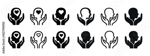 Mental health support icons with heart and head silhouettes