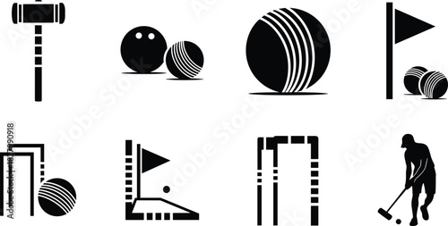 Croquet game elements mallet balls wickets flag and player silhouette, croquet, game, sport, mallet, ball, wicket, hoop, flag, player, silhouette, black and white, icon, symbol, illustration, outdoor,