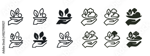 Hand holding plant icon set in various styles