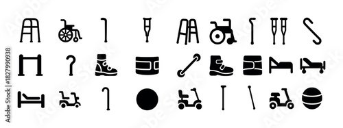 Collection of medical mobility equipment icons in black and white