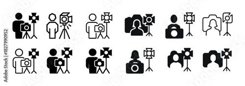 Silhouette camera icons with human figures and tripods in studio setup
