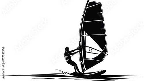 Black silhouette of a windsurfer on a board with a sail, windsurfing, windsurfer, silhouette, black and white, water sport, ocean, sea, waves, board, sail, person, action, sport, recreation, outdoor, 