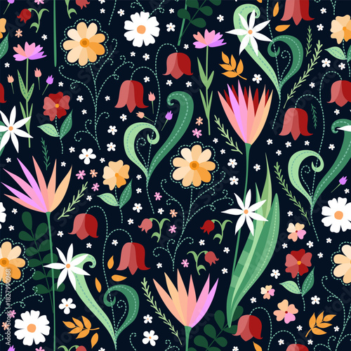 Beautiful floral seamless pattern with imitation of embroidery stitches.
