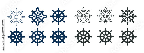 Set of nautical ship wheels in various styles and colors
