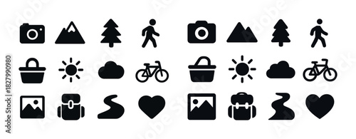 Collection of outdoor and travel icons including camera, mountain, tree, hiker, bicycle, and heart symbols