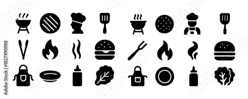 Barbecue icons set: grills, chefs, utensils, flames, food, and ingredients
