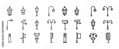 Icon set of various street lamps and traffic lights in minimalist design