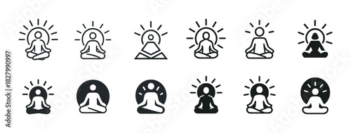 Meditation icon set featuring various silhouette styles in black and white