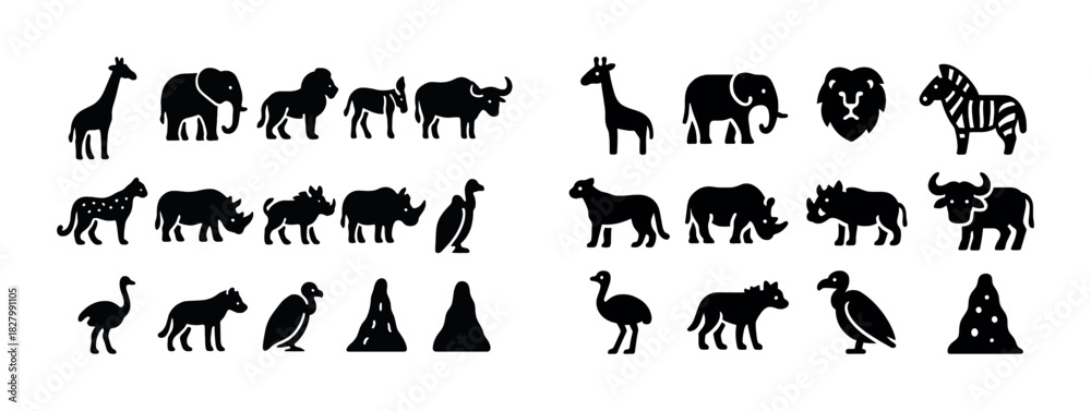 Obraz premium Silhouette collection of african safari animals and landmarks