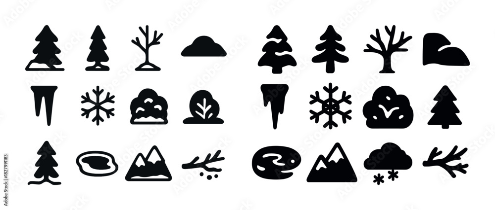 Fototapeta premium Winter symbols: trees, snowflakes, mountains, clouds, and icicles icons