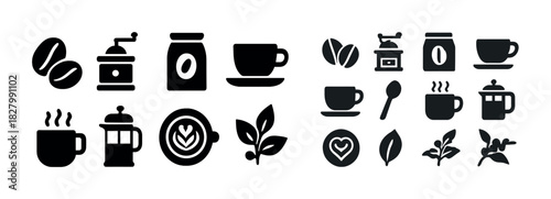 Coffee icons set with beans, cups, grinders, and leaves in black and white