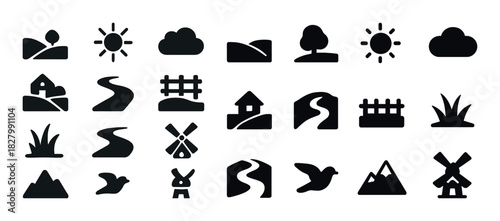 Collection of nature and landscape icons: sun, clouds, trees, mountains, windmills