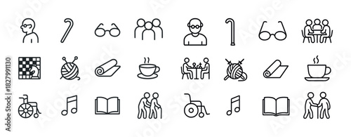 Elderly lifestyle icon set: cane, glasses, activities, support symbols