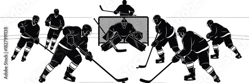 Ice hockey players and goalie in action silhouettes, ice hockey, hockey players, goalie, hockey net, hockey stick, ice skates, puck, sports, team, game, competition, action, silhouette, black and whit