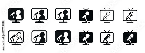Microphone and tv icon set: black and white silhouettes for media themes
