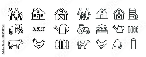 Farm life icon set: family, animals, tractor, barn, garden