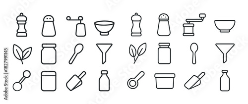 Kitchen utensils and spice container icons set in outline style