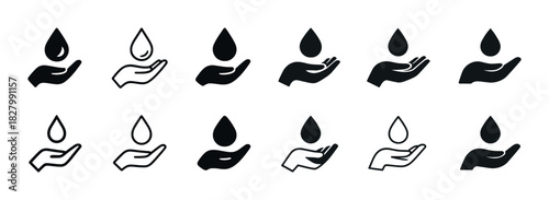 Hand icons with water droplets in various styles and shades
