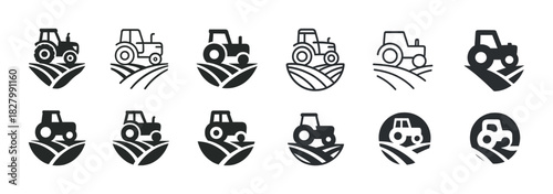 Set of black tractor and field icons on white background