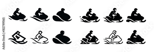 Silhouette icons of people riding snowmobiles in various styles and poses