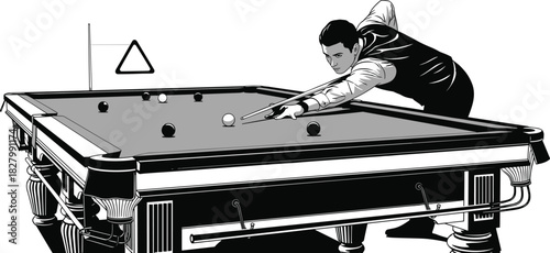 Man playing billiards striking white ball with cue stick, billiards, pool, game, sport, man, player, cue stick, ball, white ball, black balls, pool table, triangle rack, playing, aiming, concentration