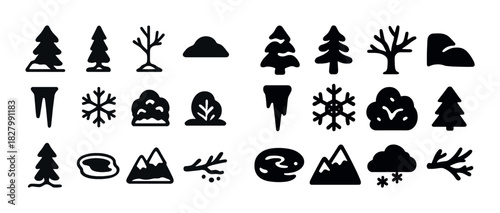 Winter symbols: trees, snowflakes, mountains, clouds, and icicles icons