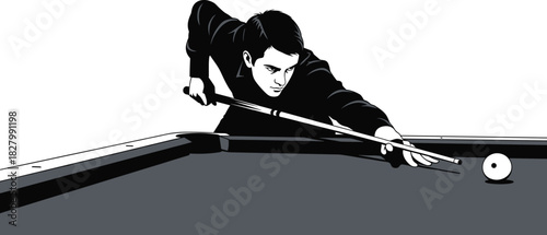 Man playing billiards striking white cue ball pool, billiards, pool, game, sport, player, man, male, cue stick, cue ball, striking, aiming, concentration, focus, table, green felt, black and white, mo