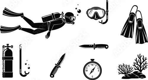 Scuba diver and underwater equipment icons scuba diving, scuba diving, diver, snorkel, mask, fins, flippers, oxygen tank, regulator, knife, compass, coral, underwater, ocean, sea, water, sport, recrea