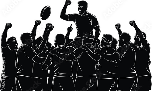Rugby team celebrating victory with player on shoulders, rugby, sport, team, victory, celebration, winning, success, player, man, men, group, crowd, cheering, shouting, arms raised, hands up, ball, ov