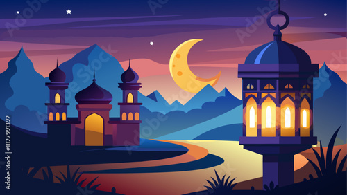 Illustration of a mosque with a crescent moon sky