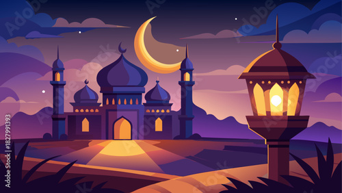 Illustration of mosque with camel in the desert