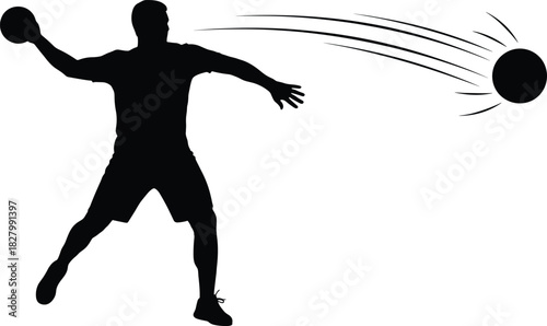 Silhouette of a man throwing a ball with motion lines, silhouette, man, throwing, ball, sports, action, movement, motion lines, graphic, illustration, isolated, white background, athletic, game, playe