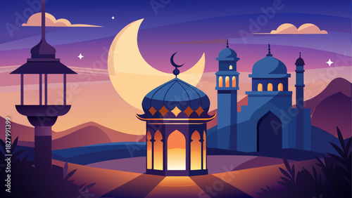 Illustration of a mosque and crescent moon at dusk