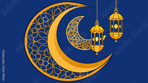 Golden crescent moons and lanterns on blue background