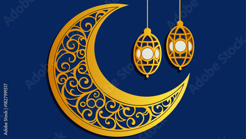 Golden crescent moon with hanging lantern design