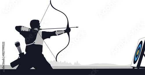 Silhouette of archer aiming at target with quiver of arrows, archery, archer, silhouette, bow, arrow, target, sport, competition, aiming, focus, concentration, skill, precision, outdoor, nature, trees