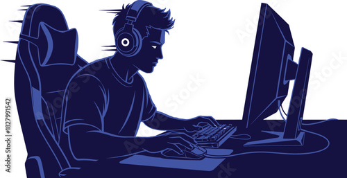 Silhouette of a person wearing headphones playing video games, gamer, gaming, silhouette, person, headphones, computer, keyboard, mouse, desk, chair, dark blue, blue, white, illustration, digital, tec