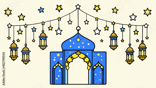 Illustration of mosque lanterns and star garland