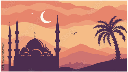 Silhouette of mosque and palm tree at sunset time