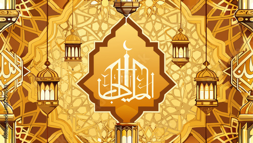 Golden islamic design with hanging lanterns art