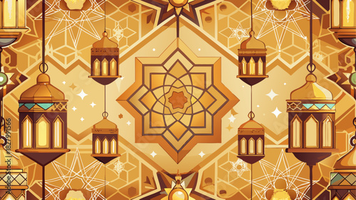 Golden lanterns and star pattern islamic design