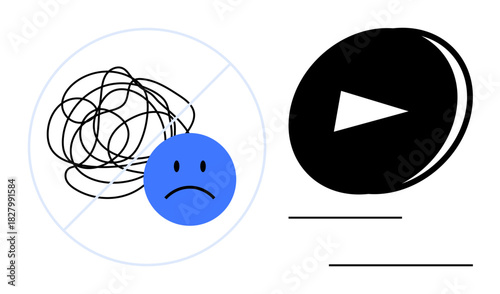 Crossed-out tangled lines with sad face next to play button. Represents emotional clarity, mental health, progress, focus, productivity, stress relief, and personal growth. Ideal for simple flat