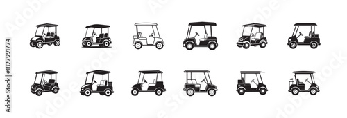 Golf cart icon pack in flat and thin liner vectors graphic for ui designs. Golf cart buggies silhouette Vector Bundle. Golf Cart Silhouette vehicle Vector set Illustration.