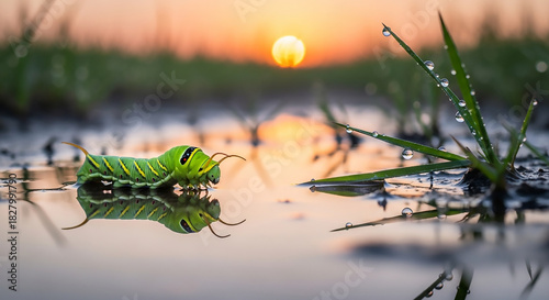 Caterpillar Reflection at Sunrise: A Macro View of Nature's Beauty
