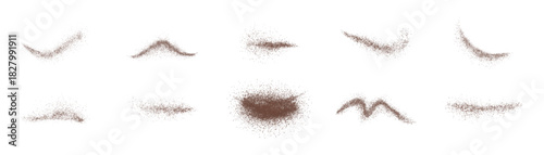 Coffee scatters, cocoa chocolate powder. Crumbs or granule, spicy cinnamon dust. Isolated brown explosion, pithy vector realistic sand splash, vector illustration.