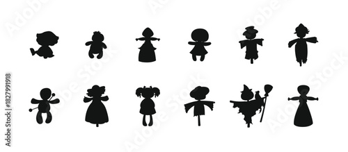 Halloween doll , monster, character doll silhouette with braids and dress, creepy haunted toy horror character.voodoo doll silhouette, vector illustration.