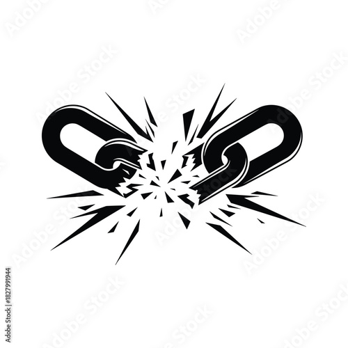 Broken chain link shattering and exploding, symbolizing freedom and release, isolated on